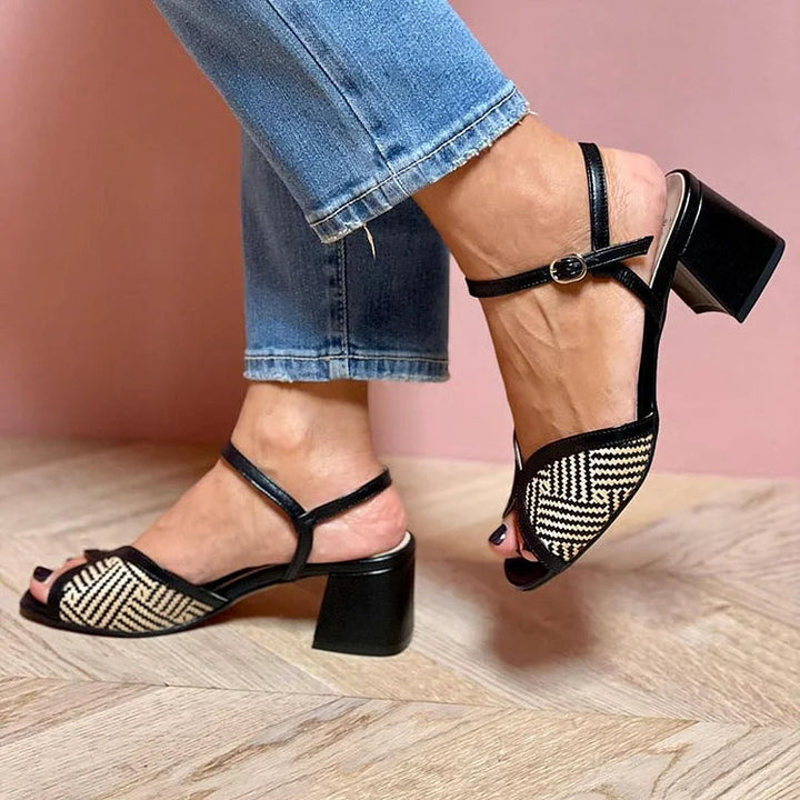 Woven fabric sandals with wide heel