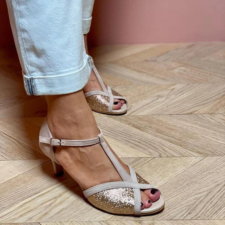 Glitter sandal with low heel