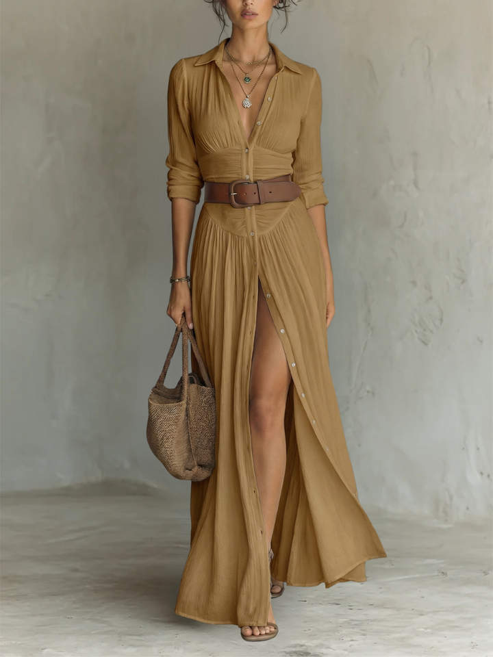 OLIVIA | Women’s Long Maxi Dress with Notched Lapel Collar and Long Sleeves