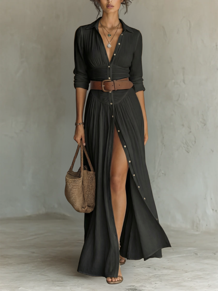 OLIVIA | Women’s Long Maxi Dress with Notched Lapel Collar and Long Sleeves