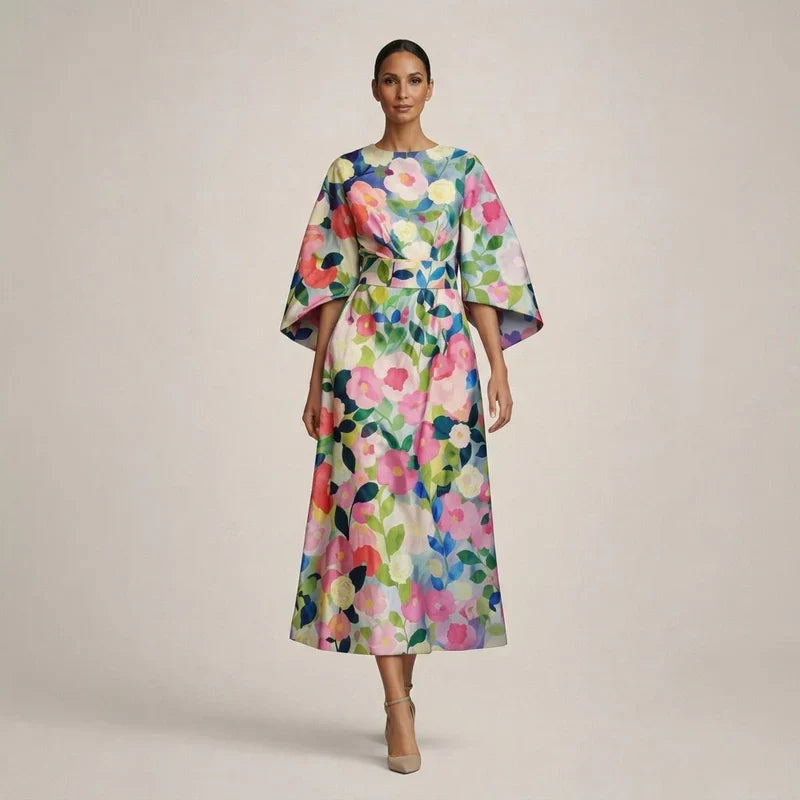 CLEMENTINE | Floral Midi with Sculpted Waist and Airy Elegance