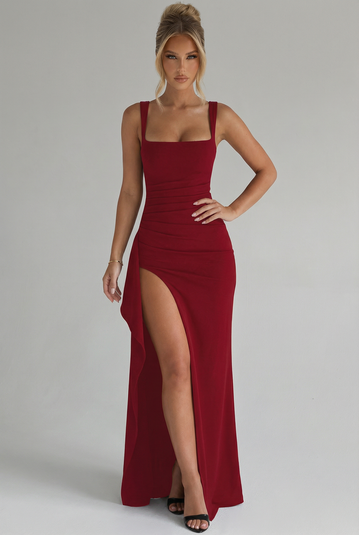 Women’s Elegant Bodycon Slip Maxi Dress with Leg Split and Open Back