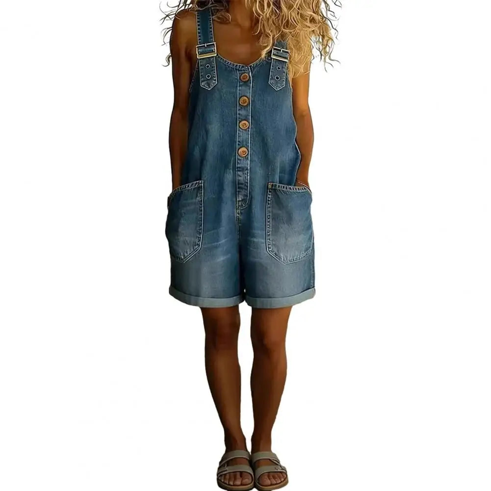 Saylor - Vintage short Cotton Denim-Look Overalls with Adjustable straps