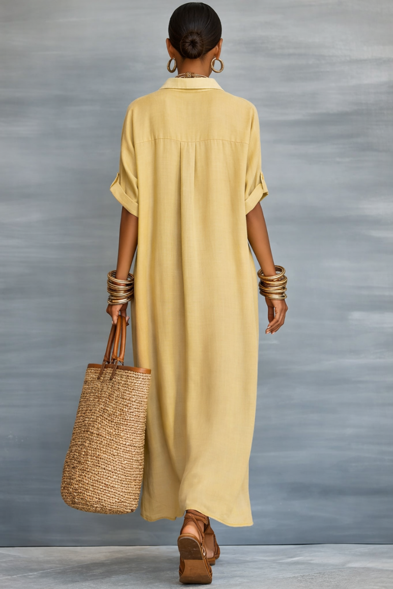 MANELLE | Short-sleeve Collared Maxi Shirt Dress with Minimalist Silhouette