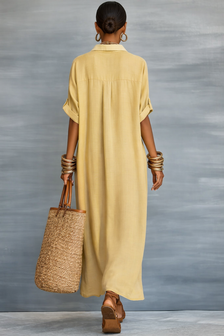 MANELLE | Short-sleeve Collared Maxi Shirt Dress with Minimalist Silhouette